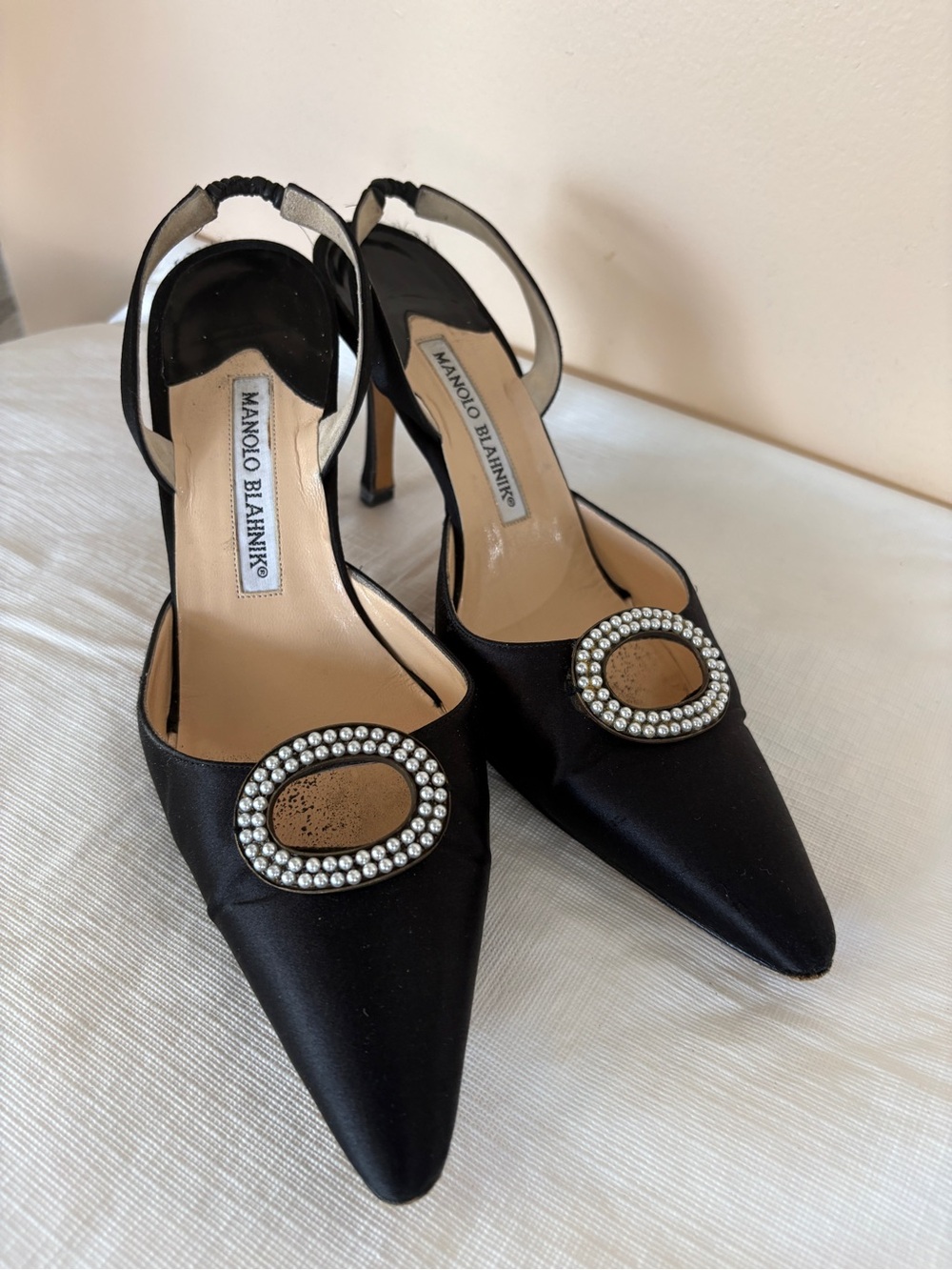Manolo Blahnik Black Satin Pointed Slingback Heels with Pearl Oval Buckle